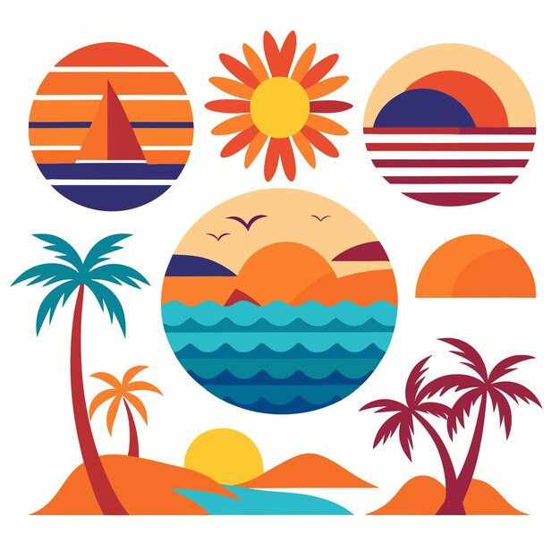 a collage of beach scene with palm trees sun palm trees and sun and beach scene