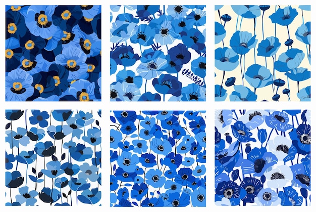 Vector collage of blue flowers and leaves floral design