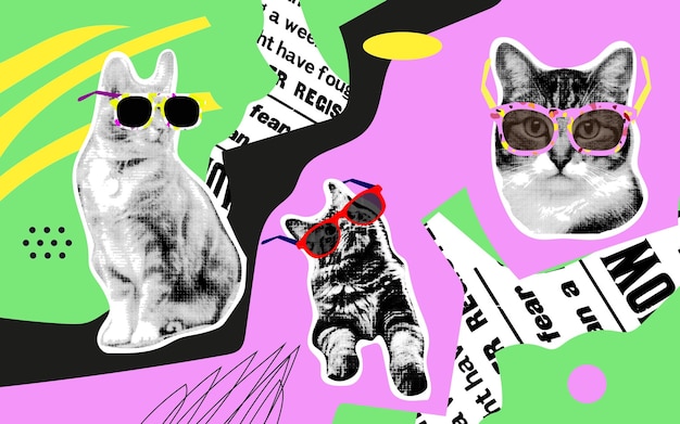 Collage design elements in trendy dotted pop art style Retro halftone effect Portraits of cats