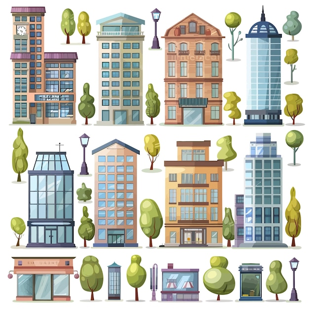 Vector a collage of different buildings and trees