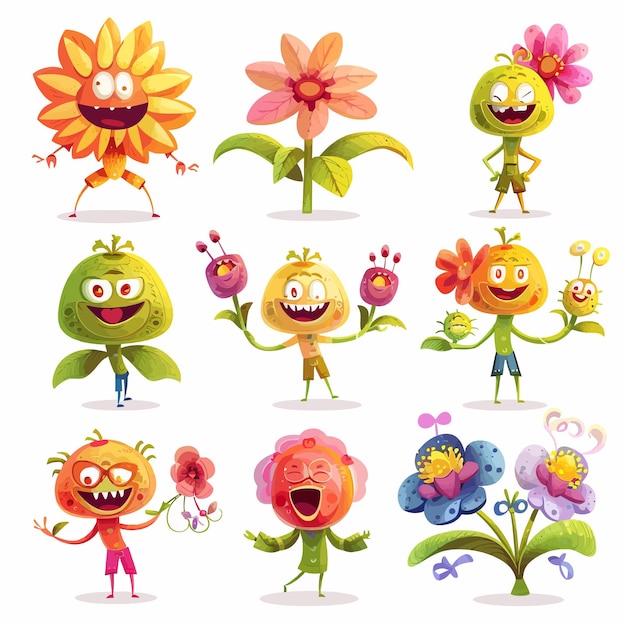 Vector a collage of different characters including a cartoon character with flowers and a cartoon character