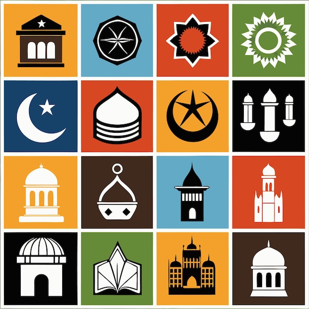 a collage of different icons including one of the buildings in the center