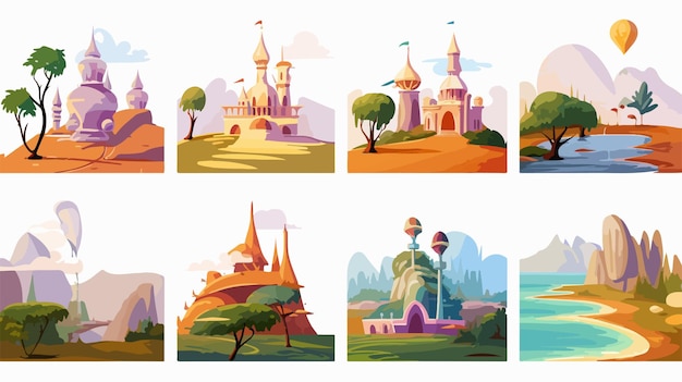 Vector a collage of different illustrations including a castle and castle