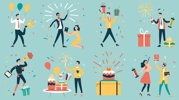 Vector collage of eight scenes depicting company or blog anniversary celebration