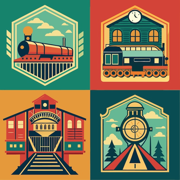 A collage of four illustrations featuring trains a train station and a train signal all in a retro style