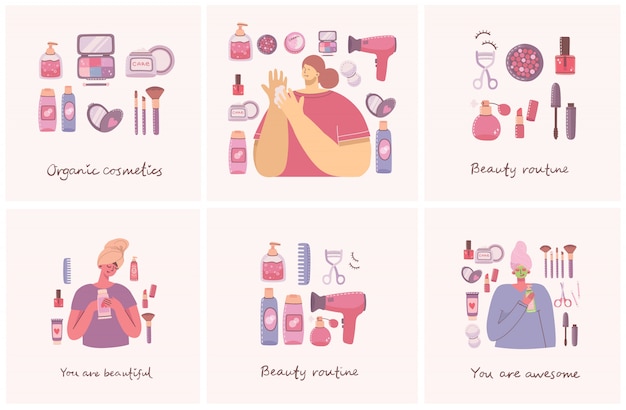 Collage of illustrations with of cosmetics and body care products for make up near the girls . illustration in flat style.