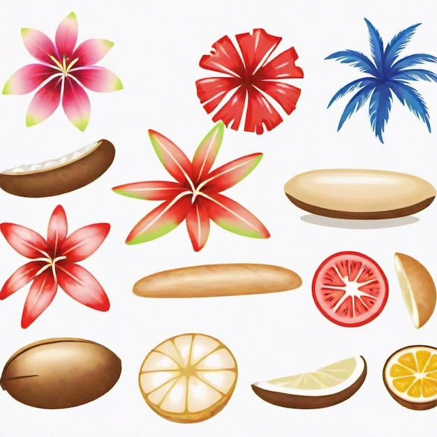 Vector a collage of images of different fruits and vegetables including a banana coffee and a palm tree