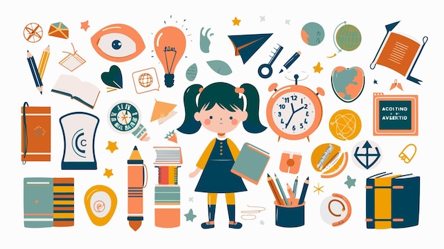 Vector collage of little school girl with education objects