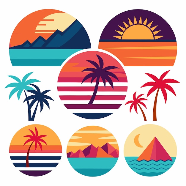 a collage of logos including palm trees mountains and sunset