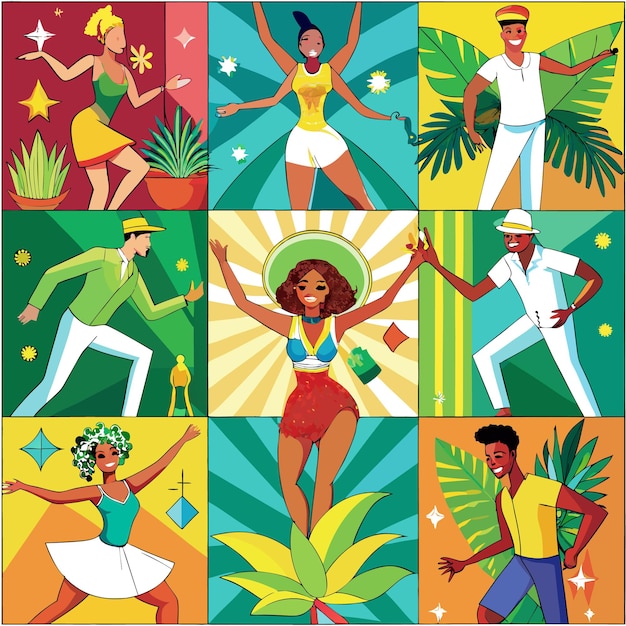 Vector a collage of nine illustrations depicting brazilian people dancing in colorful costumes