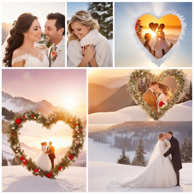 a collage of photos with a heart shaped frame and the bride and groom