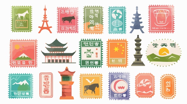 Vector a collage of stamps with a picture of a city and a dog