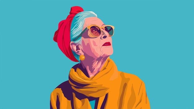 Vector collage of stylish elderly woman on blue background