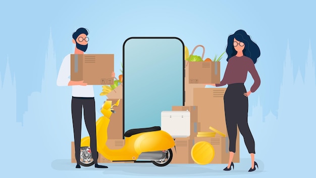 Collage on the theme of delivery. The girl and the guy are holding boxes. Yellow scooter with food shelf, telephone, gold coins, cardboard boxes, paper grocery bag.