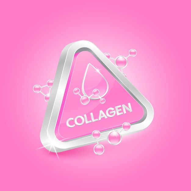 Collagen in triangle shape pink with chemical atom molecule orbit around Logo label nutrition silver