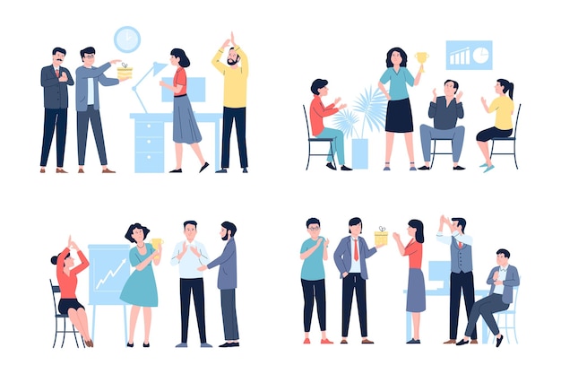 Colleagues clapping and congratulation Applaud flat workers office businepeople clap Work progress partnership and business process recent vector scenes