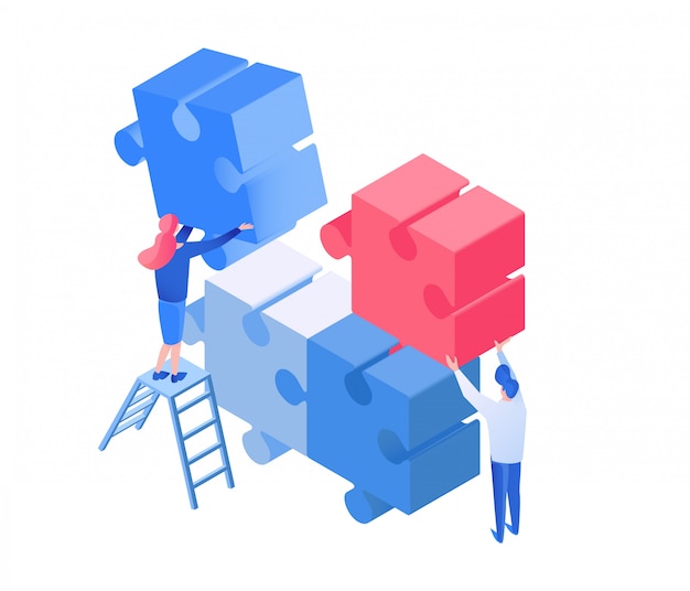 Colleagues coworking, team working isometric illustration