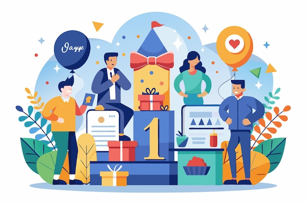 Vector colleagues gather around a large number one celebrating a work anniversary with gifts and decorations customizable flat illustration for work anniversary