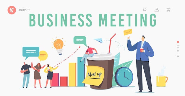 Colleagues Meetup Landing Page Template. Business Characters, Employees Coffee Break, People Communicating, Chatting, Spending Leisure Time Together Discuss Working Issues. Cartoon Vector Illustration