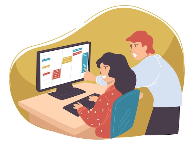 Colleagues working on business project together, man and woman in office. People using laptop for time management or giving tasks. Employee and boss dealing with job issues. Vector in flat style