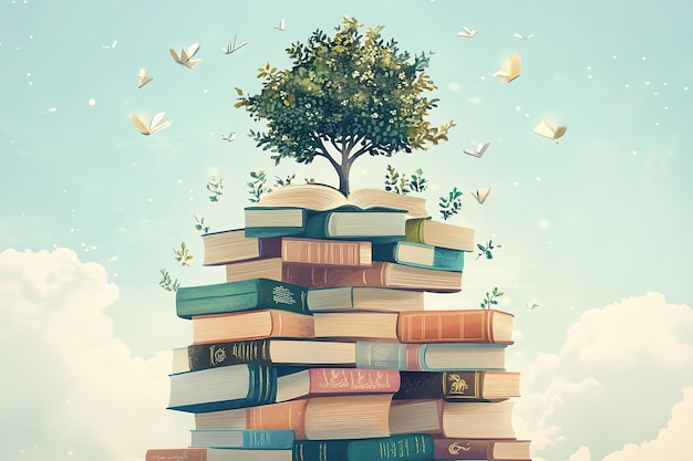 Collecction of various books stack of Open book in autumn leaves Vintage style book illustration f