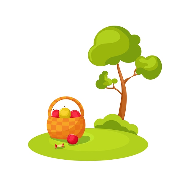 Collect apples in a basket. Vector cartoon illustration.