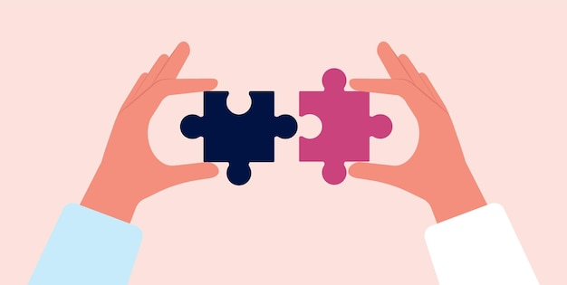 Collect puzzles Hands holding puzzle pieces Parts connect collaboration or business cooperation metaphor Teamwork vector concept