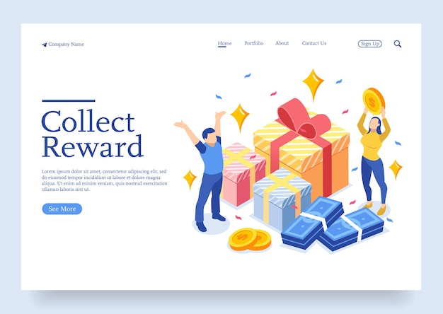 Collect your reward isometric concept with character