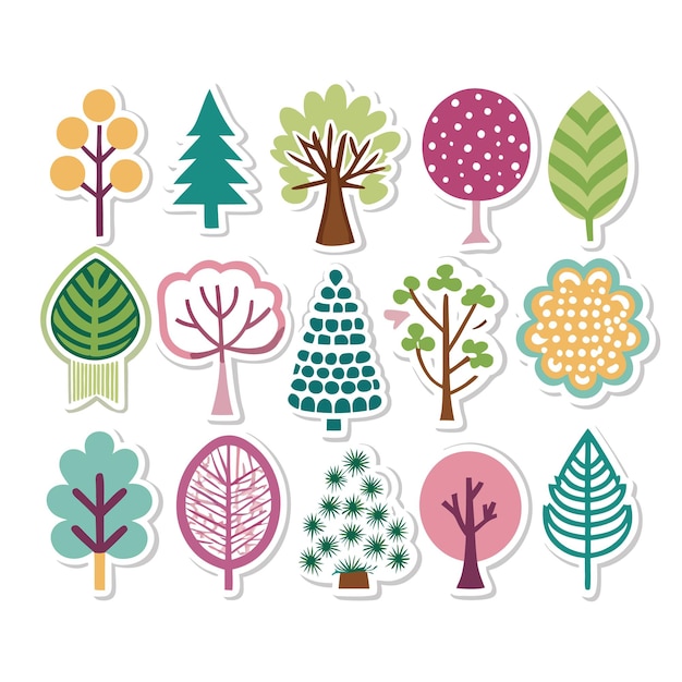 Collection of 12 colorful and stylized tree stickers