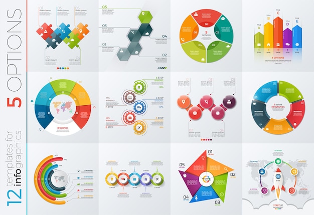 Collection of 12 vector templates for infographics with 5 options for presentations, advertising, layouts, annual reports