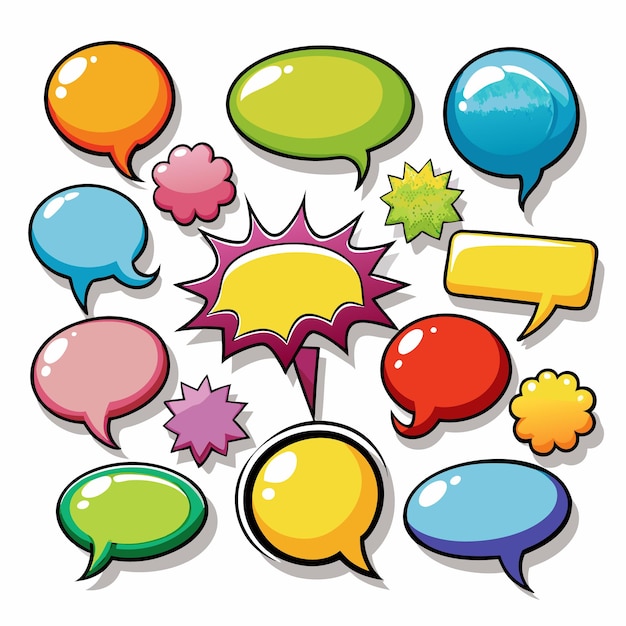 A collection of 14 colorful speech bubbles in different shapes and sizes perfect for adding a fun and playful touch to your designs