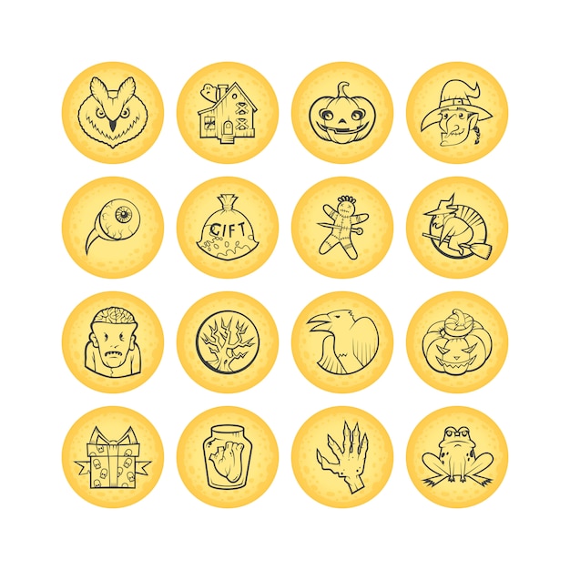 Collection of 16 circle sketch halloween icons.  illustration.