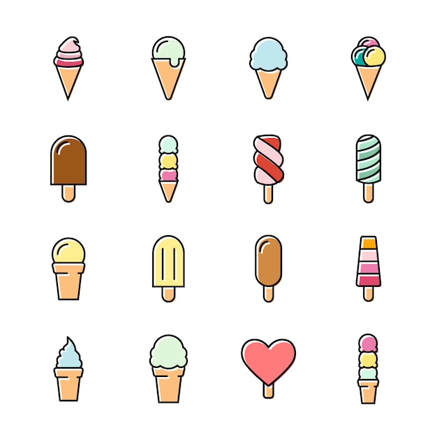 Collection of 16 vector ice creams. Chocolate, vanilla, heart ice creams. 