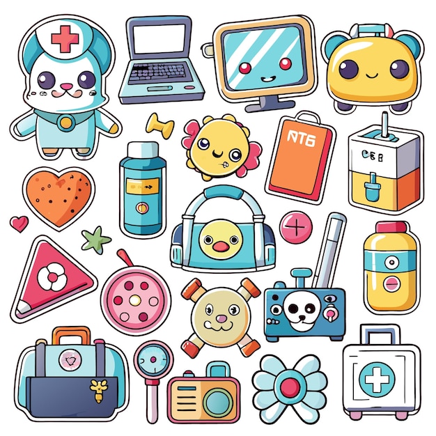 Vector a collection of 24 cute cartoon stickers with various themes including animals technology and food