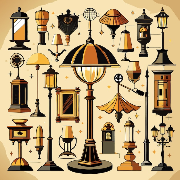 Vector a collection of 24 vintage lamps and street lights with various styles and designs