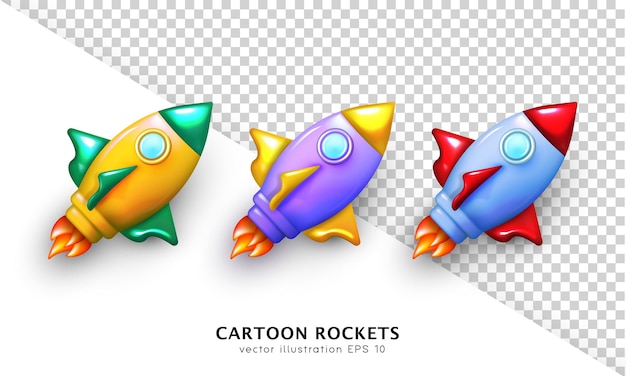 Vector collection of 3d cartoon glossy multicolored rockets. realistic three dimensional vector spaceships