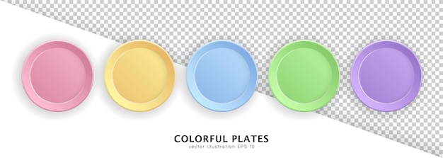 Collection of 3d colorful round empty plates. Realistic porcelain or plastic clean table dishes.