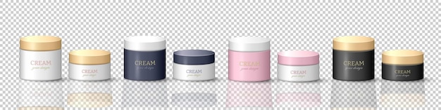 Vector collection of 3d cream jars with lids skincare products mockup template for logo design