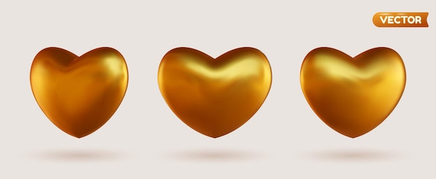 Collection of 3D shiny realistic heart balloons in gold