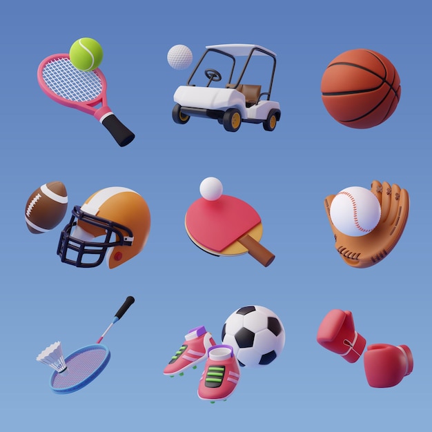 Collection of 3d sport icon collection isolated on blue Sport and recreation concept