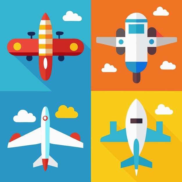 A collection of 4 cartoonstyle airplanes in various colors against a background of blue orange and yellow with clouds