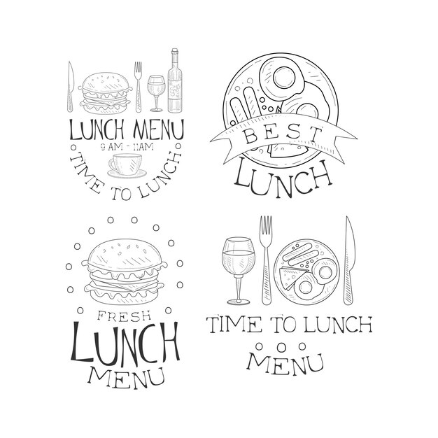 Vector collection of 4 monochrome lunch logo templates sketch style emblems with fried eggs with sausages and tasty burgers graphic design for menu or promo poster of cafe isolated vector illustrations