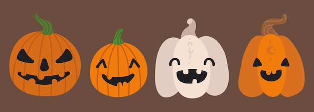 Collection of 4 pumpkins with angry, happy, smiling and cute joyfull faces on a brown background