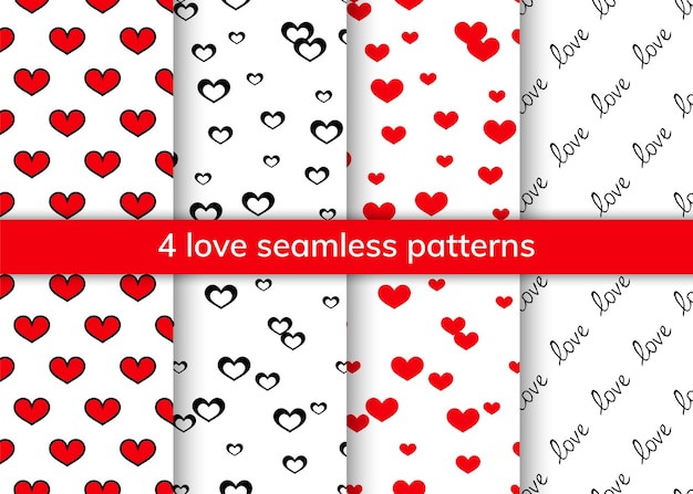 Collection of 4 seamless patterns for St Valentine's Day