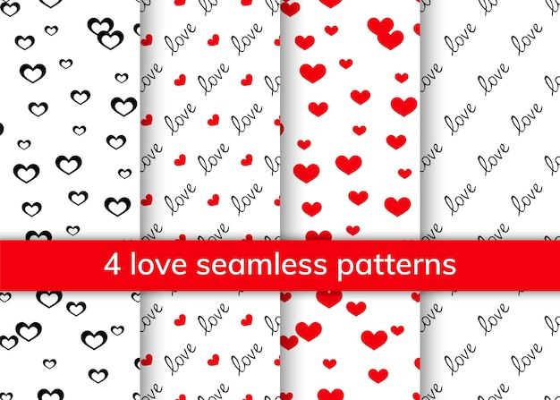 Collection of 4 seamless patterns for St Valentine's Day