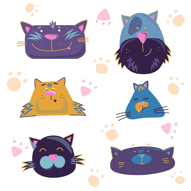 Collection of 6 cat faces with emotions Funny and cute vector illustration set