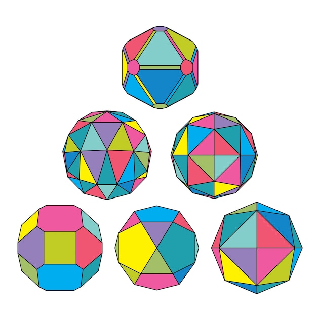 Collection of 6 complex dimensional spheres and abstract geometric figures with black outline. Colorful kaleidoscope facet. Fractal 3D symbolic globes.