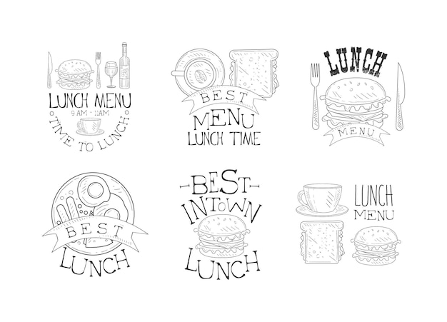 Collection of 6 hand drawn lunch menu emblems Original monochrome logos with fast food coffee cups fried eggs with sausages Design for promo poster of cafe or restaurant Isolated vector labels