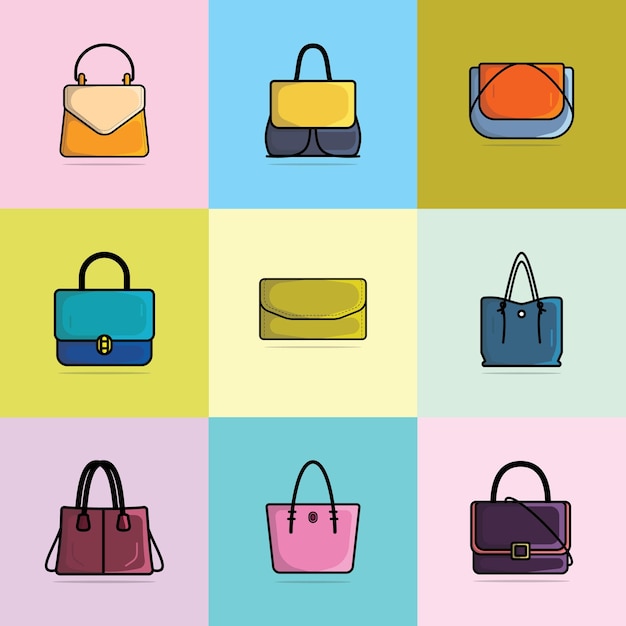 Collection of 9 Beautiful Women Purses or bags vector illustration Beauty fashion objects icon