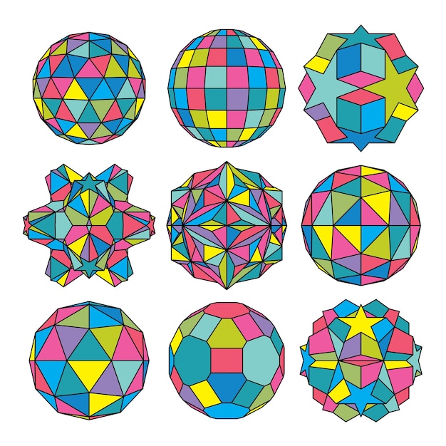 Collection of 9 complex dimensional spheres and abstract geometric figures with black outline. Colorful kaleidoscope facet. Fractal 3D symbolic globes.